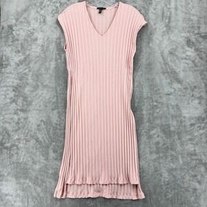 Eileen Fisher Dress Small Midi Ribbed Knit Sheath V Neck Soft Stretch Knit Pink